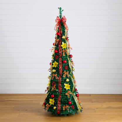 Nearly Natural pop-up 6ft prelit Christmas tree with red-gold ribbons and ornaments, white LEDs on Tampa Home & Garden Store