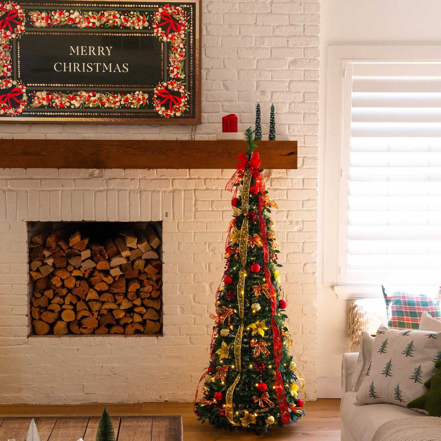 6' pre-lit Christmas tree by Nearly Natural with red and gold ornaments and ribbons on Tampa Home & Garden Store