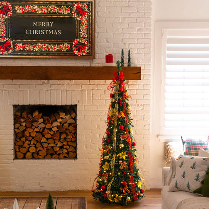 6' pre-lit Christmas tree by Nearly Natural with red and gold ornaments and ribbons on Tampa Home & Garden Store