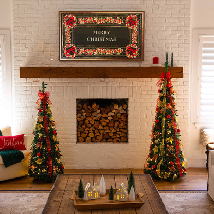 Two Nearly Natural Christmas trees with red ribbons and gold ornaments and white LED lights on Tampa Home & Garden Store