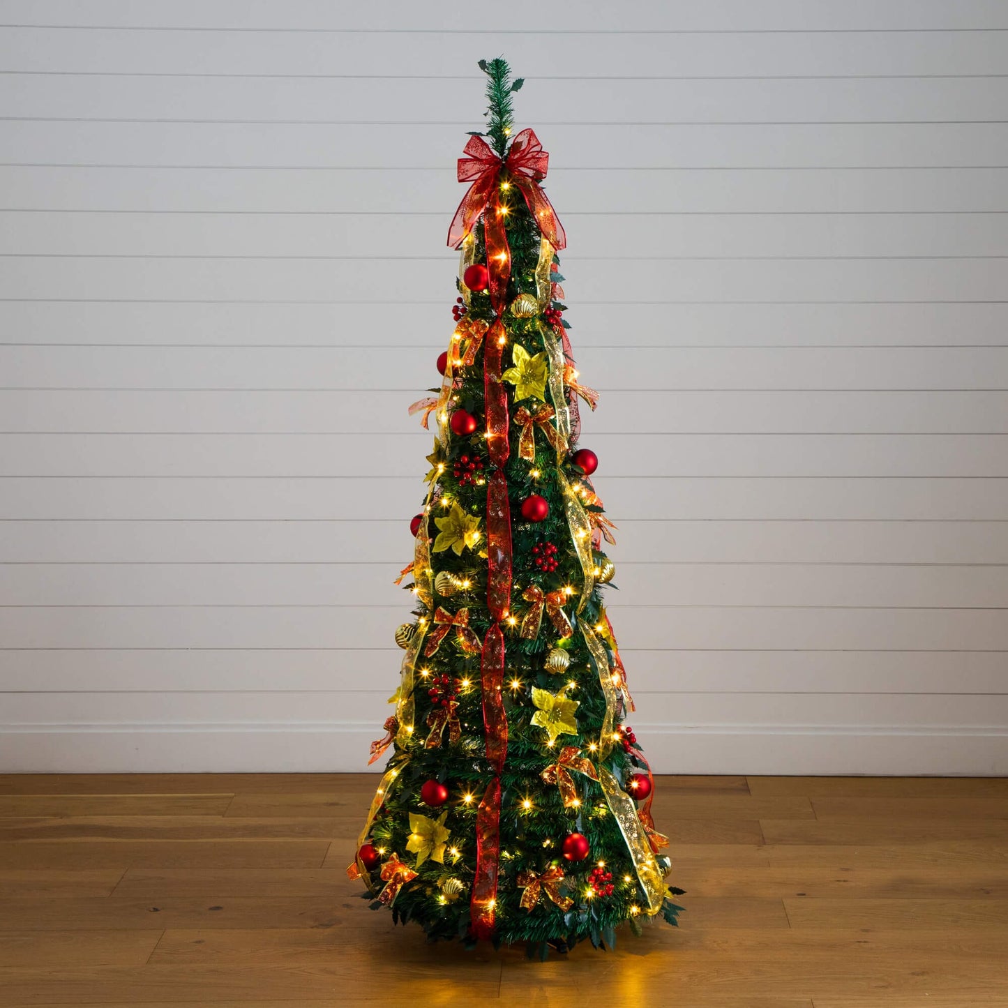 6' Pre-Lit Pop-Up Christmas Tree by Nearly Natural with red and gold ornaments and ribbons on Tampa Home & Garden Store