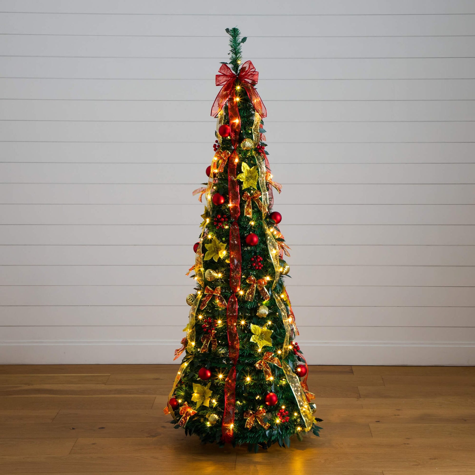6' Pre-Lit Pop-Up Christmas Tree by Nearly Natural with red and gold ornaments and ribbons on Tampa Home & Garden Store