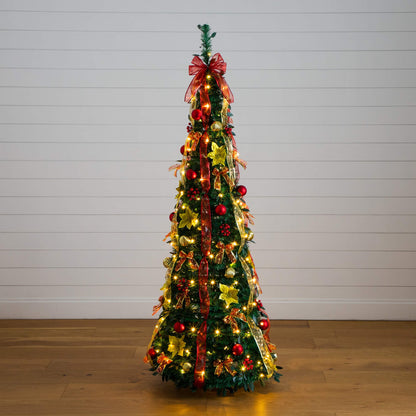 6' Pre-Lit Pop-Up Christmas Tree by Nearly Natural with red and gold ornaments and ribbons on Tampa Home & Garden Store