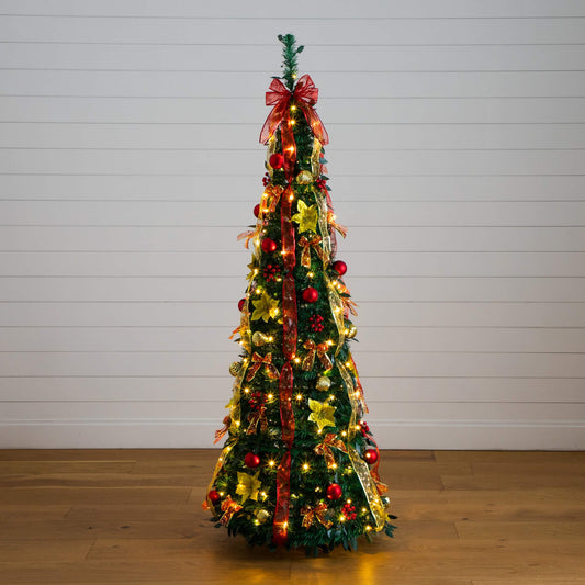 6' Pre-Lit Pop-Up Christmas Tree by Nearly Natural with red and gold ornaments and ribbons on Tampa Home & Garden Store
