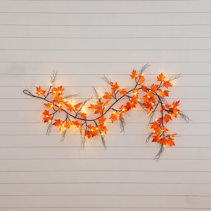 6' Pre-Lit Autumn Maple garland with orange leaves and 54 warm white LEDs Nearly Natural on Tampa Home & Garden Store