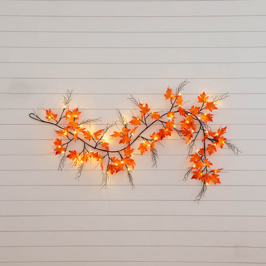 6' Pre-Lit Autumn Maple garland with orange leaves and 54 warm white LEDs Nearly Natural on Tampa Home & Garden Store