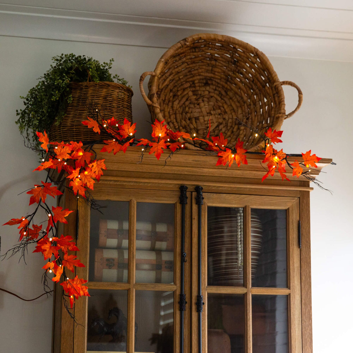 6' Pre-Lit Autumn Maple Garland with 54 warm white LED lights, orange maple leaves on Tampa Home & Garden Store