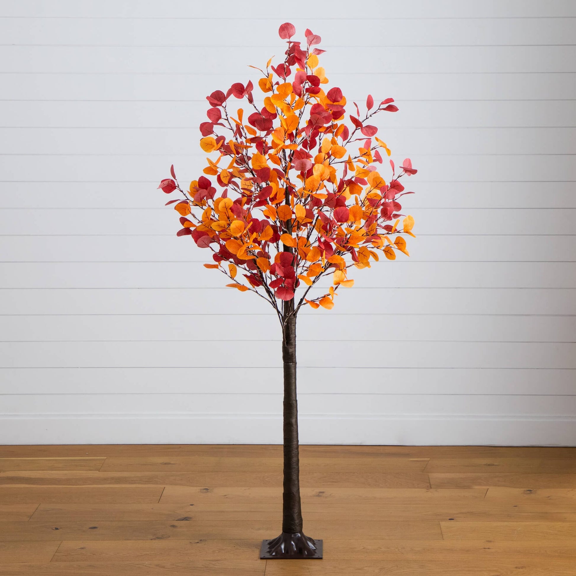 6' pre-lit artificial eucalyptus tree with orange-red autumn leaves, dark trunk and square base on Tampa Home & Garden Store