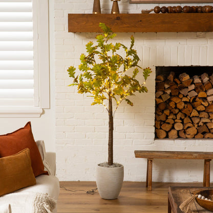 6ft Nearly Natural Pre-Lit Green Autumn Oak Tree with 250 Warm White LEDs in gray ribbed planter on Tampa Home & Garden Store