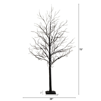 Árbol artificial de lujo de ramas negras de 1,8 m para Halloween, preiluminado con 156 luces LED naranjas y moradas