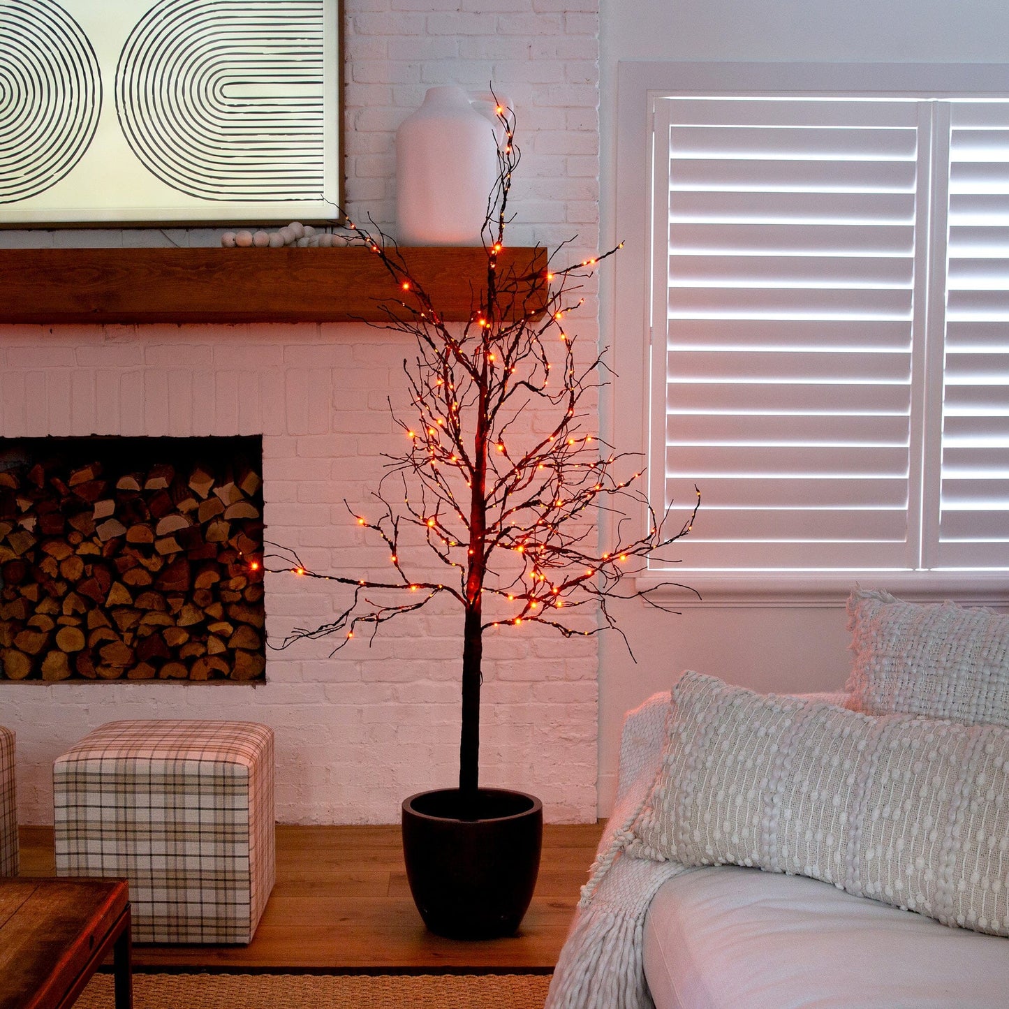 Árbol artificial de lujo de ramas negras de 1,8 m para Halloween, preiluminado con 156 luces LED naranjas y moradas