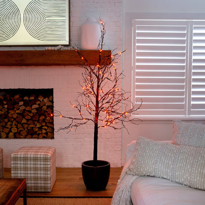Árbol artificial de lujo de ramas negras de 1,8 m para Halloween, preiluminado con 156 luces LED naranjas y moradas