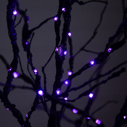 Árbol artificial de lujo de ramas negras de 1,8 m para Halloween, preiluminado con 156 luces LED naranjas y moradas