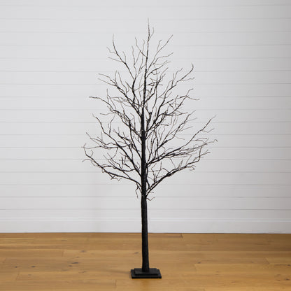 Árbol artificial de lujo de ramas negras de 1,8 m para Halloween, preiluminado con 156 luces LED naranjas y moradas