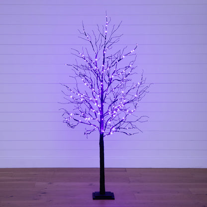 Árbol artificial de lujo de ramas negras de 1,8 m para Halloween, preiluminado con 156 luces LED naranjas y moradas