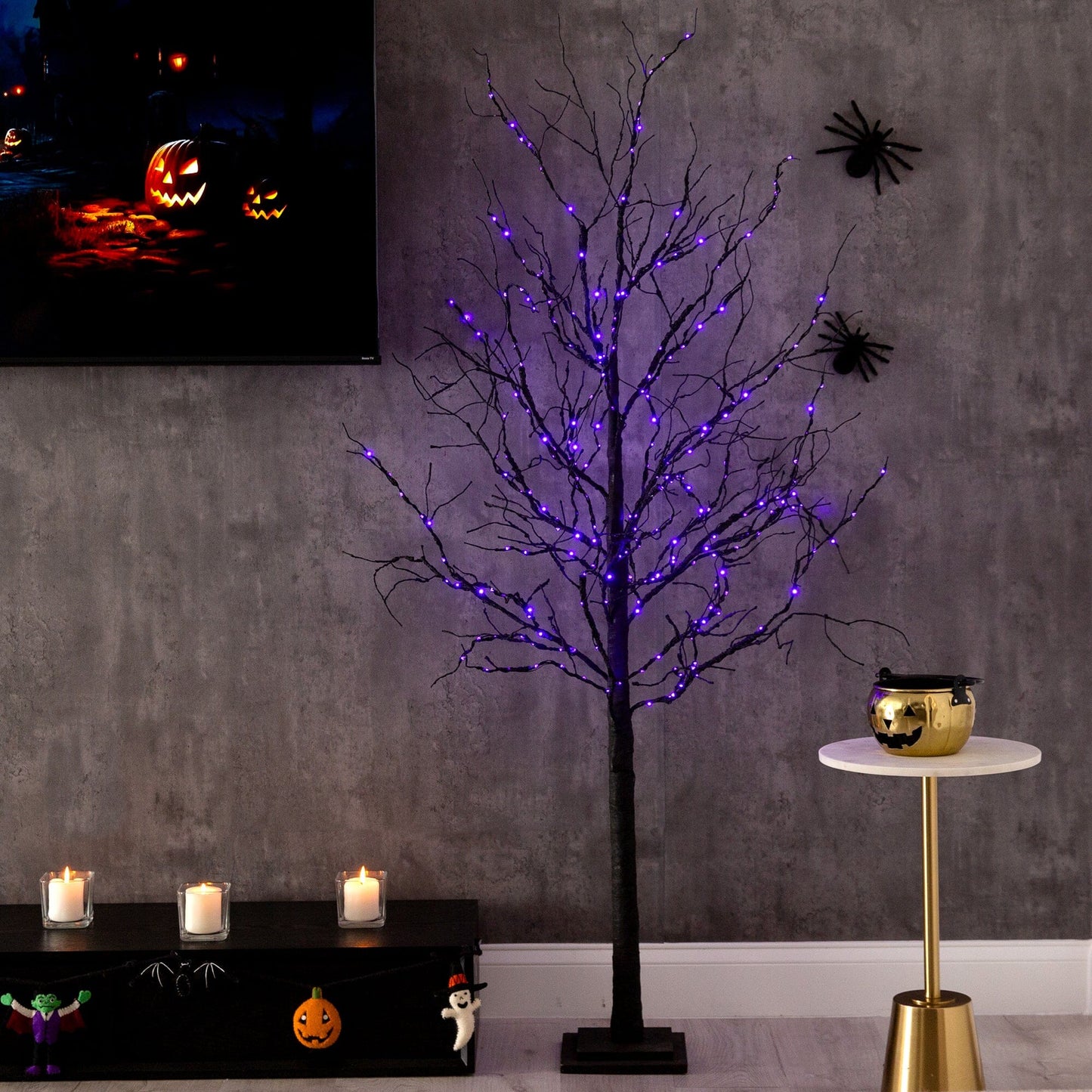Árbol artificial de lujo de ramas negras de 1,8 m para Halloween, preiluminado con 156 luces LED naranjas y moradas