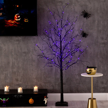 Árbol artificial de lujo de ramas negras de 1,8 m para Halloween, preiluminado con 156 luces LED naranjas y moradas