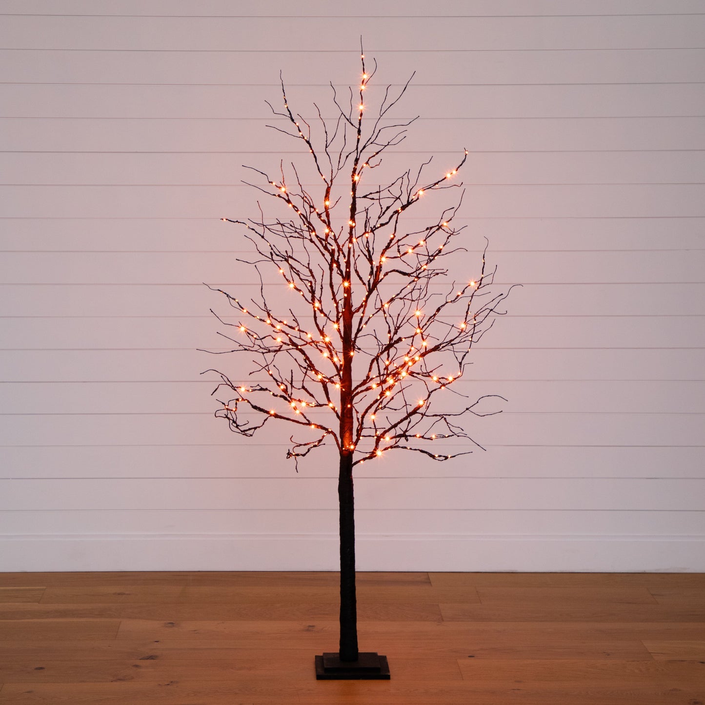 Árbol artificial de lujo de ramas negras de 1,8 m para Halloween, preiluminado con 156 luces LED naranjas y moradas