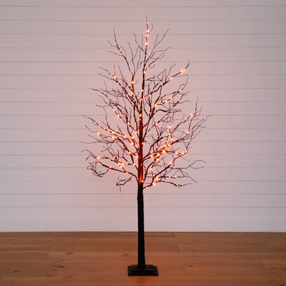 Árbol artificial de lujo de ramas negras de 1,8 m para Halloween, preiluminado con 156 luces LED naranjas y moradas