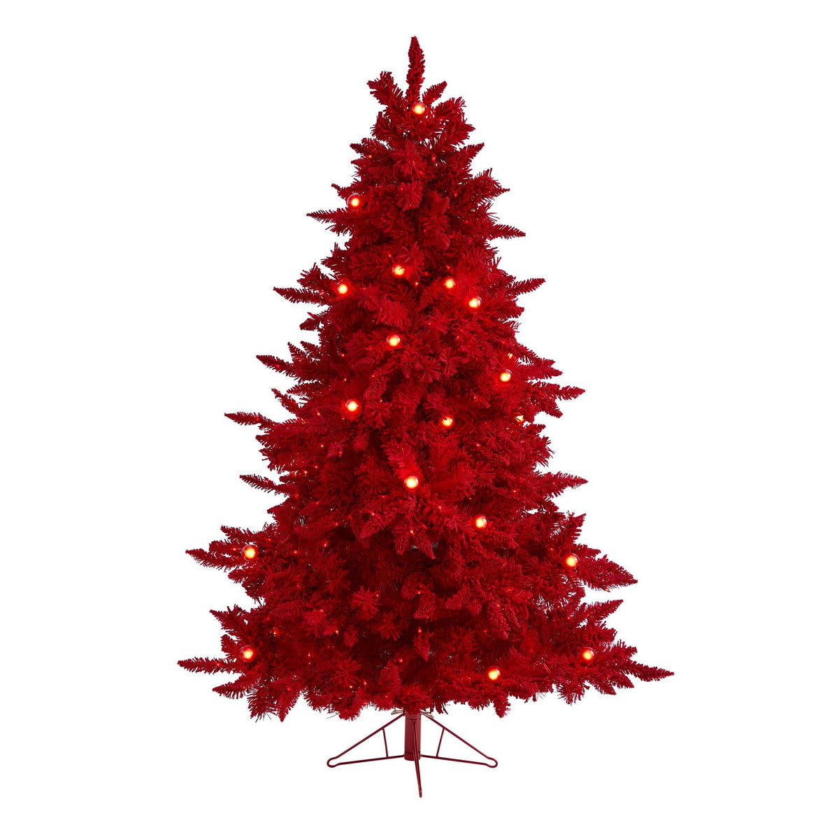 6' Red Flocked Fraser Fir Christmas Tree with 350 red lights, 33 bulbs, 748 bendable branches on Tampa Home & Garden Store