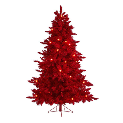 6' Red Flocked Fraser Fir Christmas Tree with 350 red lights, 33 bulbs, 748 bendable branches on Tampa Home & Garden Store