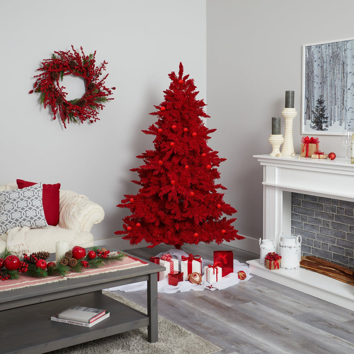 6ft red flocked Fraser Fir artificial Christmas Tree Nearly Natural with 350 red lights on Tampa Home & Garden Store