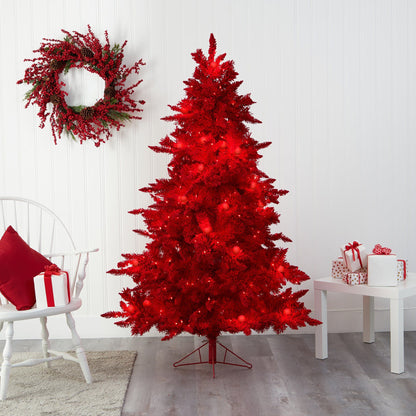 Nearly Natural 6' Red Flocked Fraser Fir Christmas Tree with 350 red lights, plus wreath on Tampa Home & Garden Store