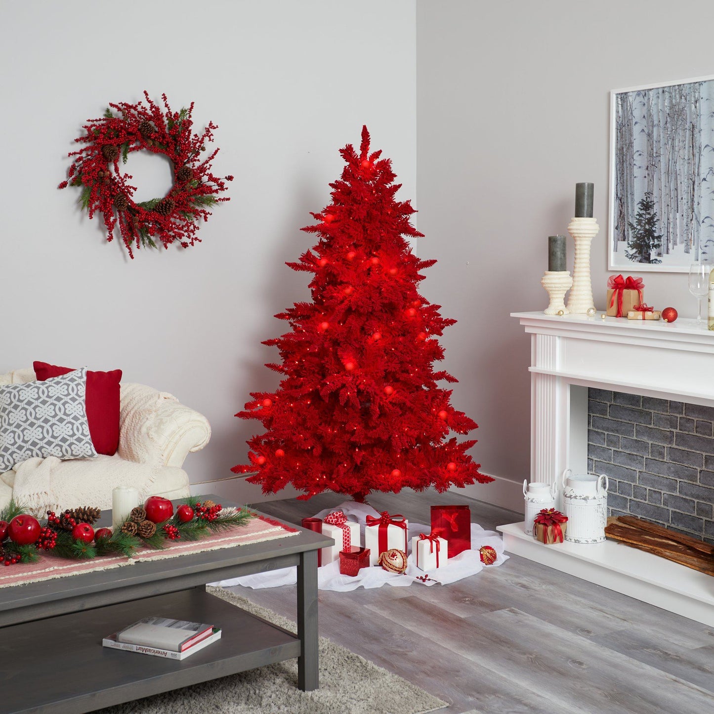 6' red flocked Fraser Fir artificial Christmas tree with 350 red lights by Nearly Natural on Tampa Home & Garden Store