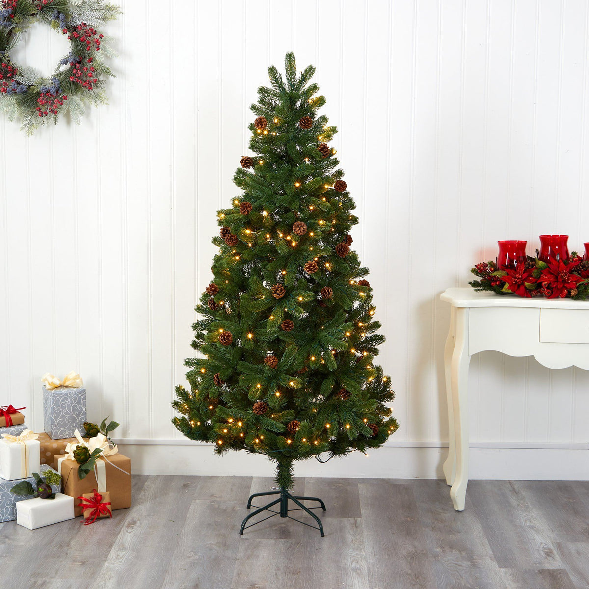 Nearly Natural 6' Rocky Mountain Spruce Christmas tree with pinecones and 250 LED lights on Tampa Home & Garden Store