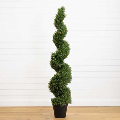 6' Rosemary Spiral Tree by Nearly Natural with dense green foliage in a black pot on Tampa Home & Garden Store