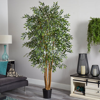 6' Smilax Silk Tree by Nearly Natural with glossy green leaves on multiple trunks in a black pot on Tampa Home & Garden Store