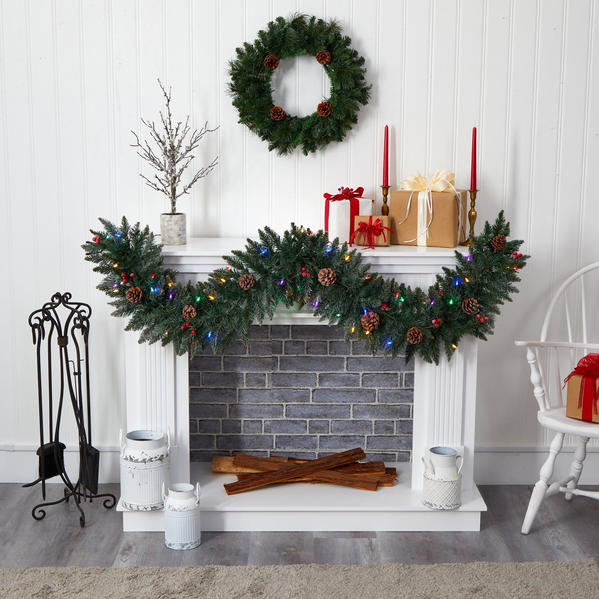 Garland 6' Snow Dusted with 50 multicolor LED lights, berries & pinecones Nearly Natural on Tampa Home & Garden Store
