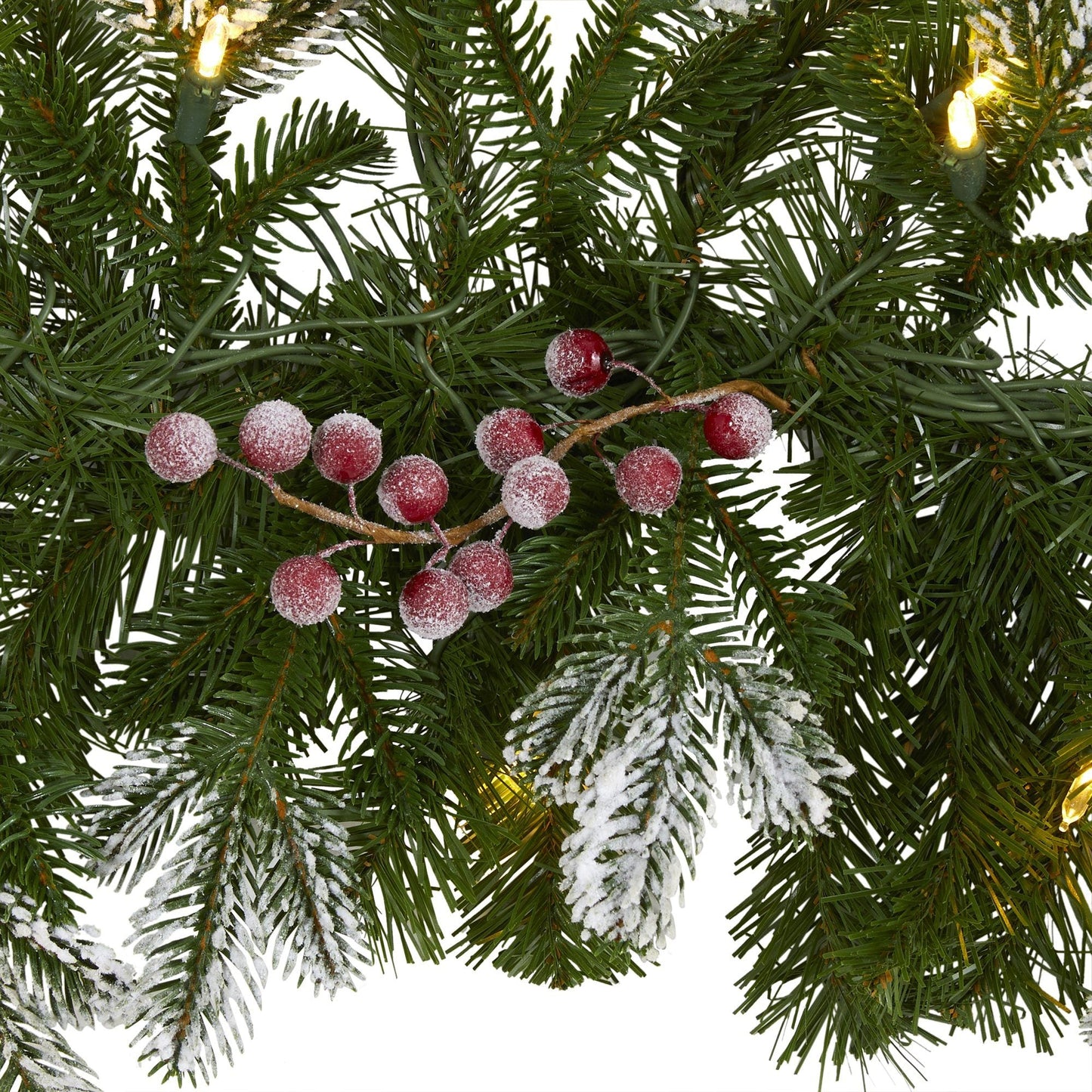 6' snow-tipped artificial Christmas garland with 50 warm white LEDs and red frosted berries on Tampa Home & Garden Store