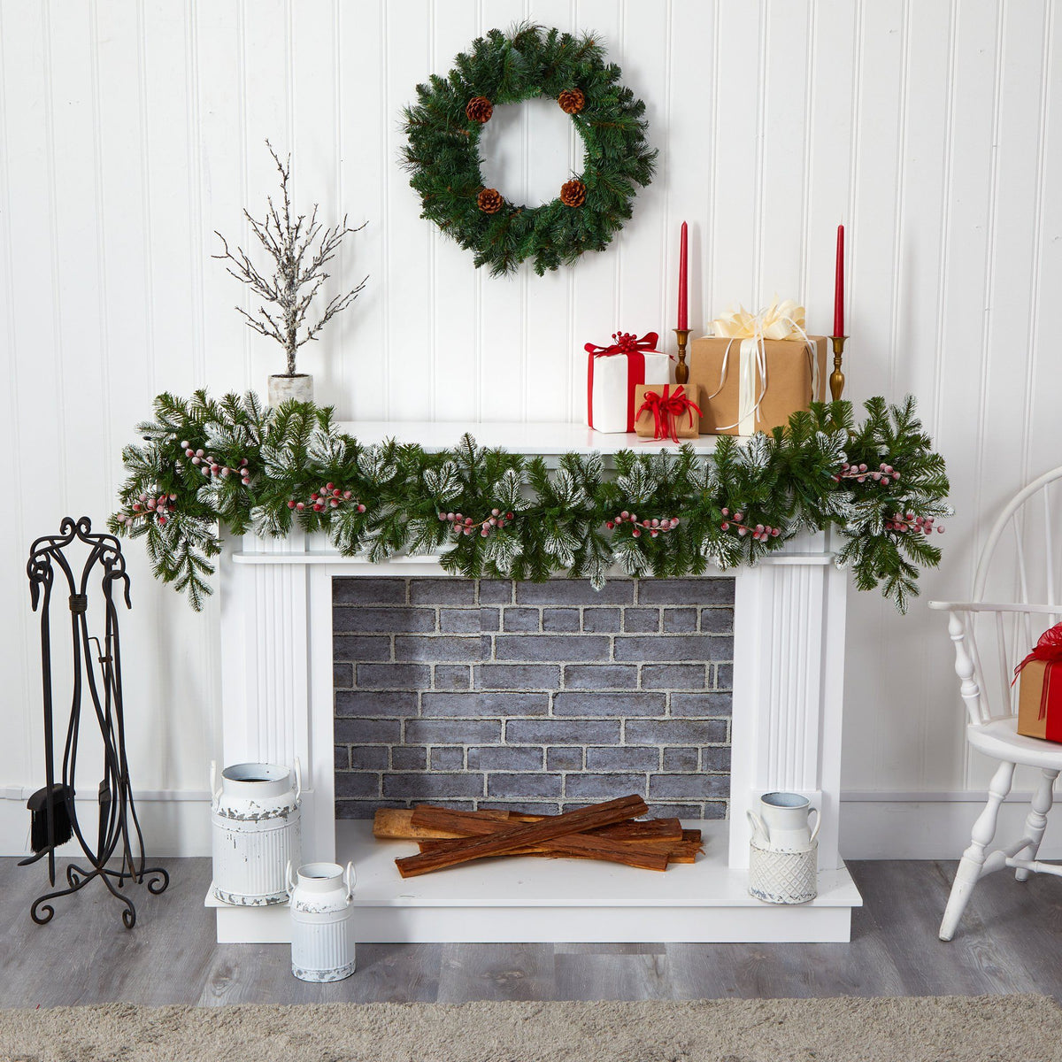 6' Snow Tipped Christmas Garland with 50 warm white LEDs and berries by Nearly Natural on Tampa Home & Garden Store