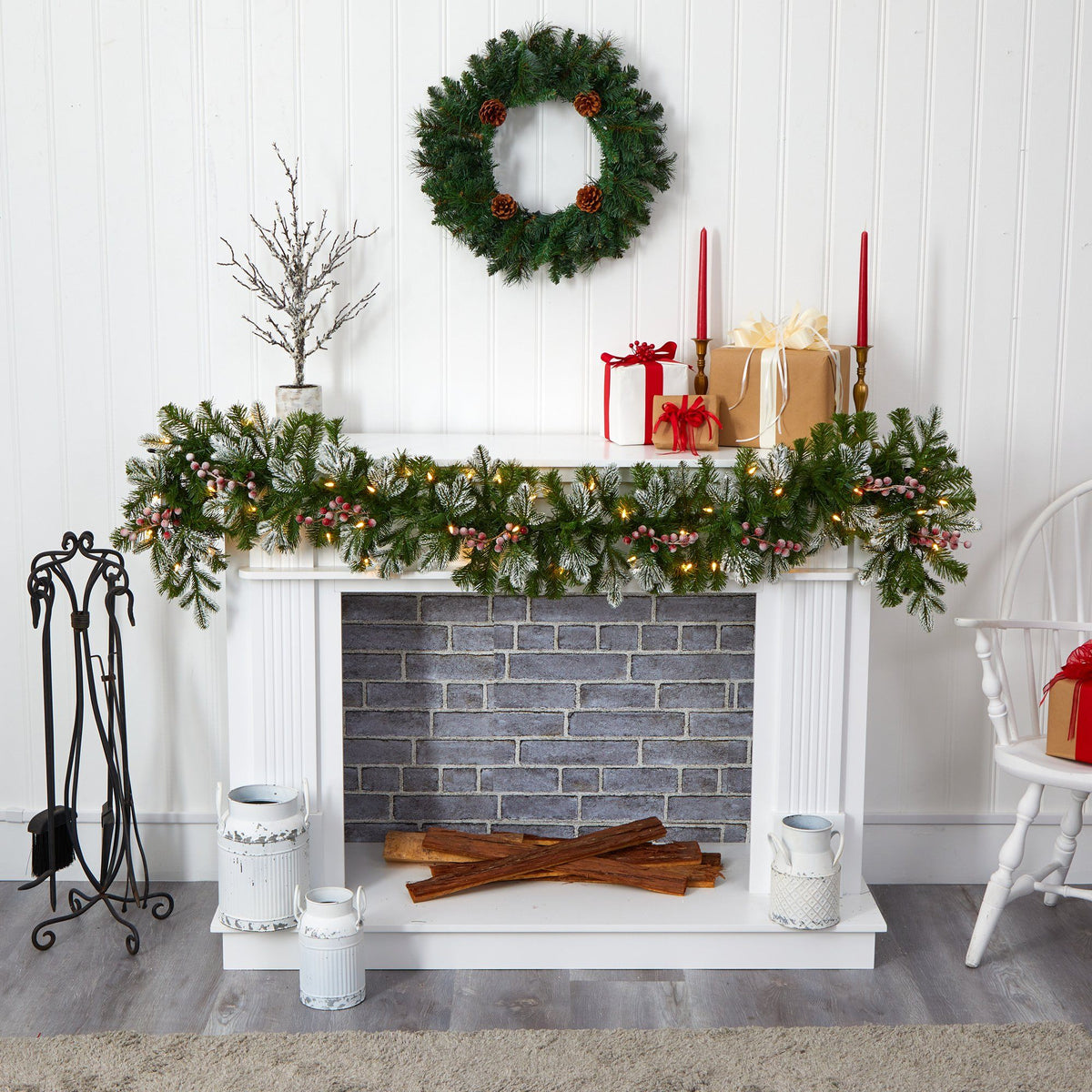 6' Tipped Christmas Garland with 50 LED lights and berries by Nearly Natural, draped over mantel on Tampa Home & Garden Store