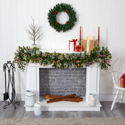 6' Tipped Christmas Garland with 50 LED lights and berries by Nearly Natural, draped over mantel on Tampa Home & Garden Store