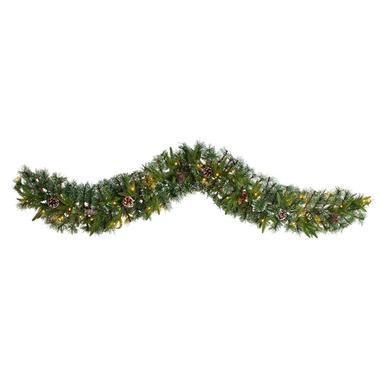6’ Snow Tipped Christmas Artificial Garland with 35 Clear LED Lights and Pine Cones - Tampa Home & Garden Store