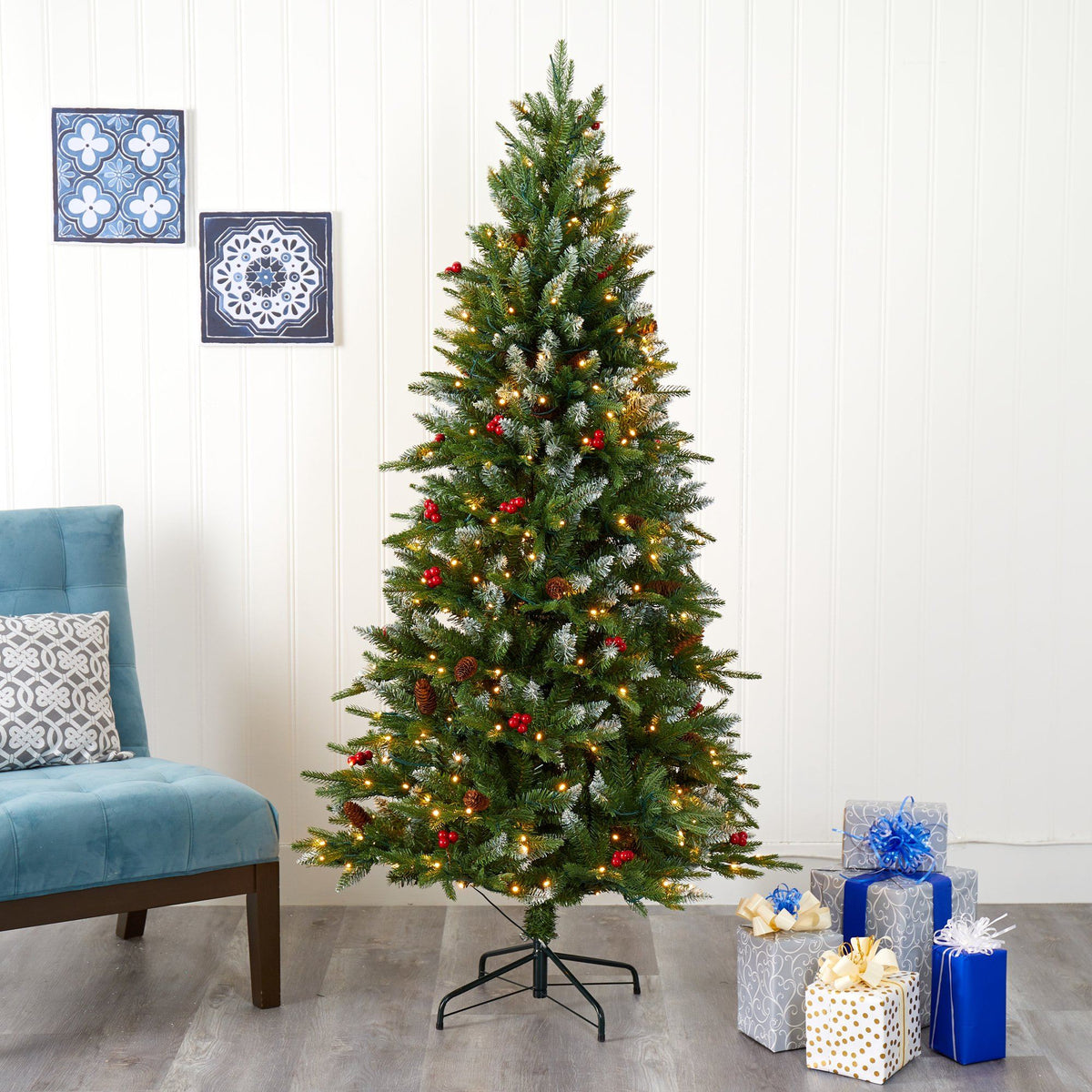 Nearly Natural 6' Snow-Tipped Portland Spruce Christmas Tree with frosted berries and pinecones on Tampa Home & Garden Store