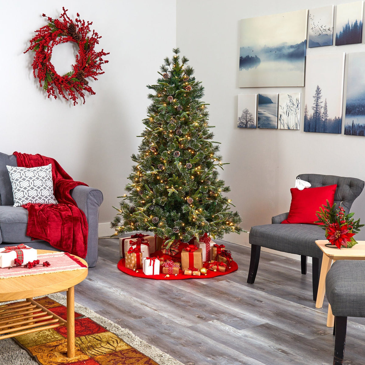 6 ft Snowed tipped mixed pine artificial Christmas tree with 250 LED lights and pine cones on Tampa Home & Garden Store