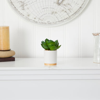 6” succulent artificial plant in white ceramic planter with wood base Nearly Natural on Tampa Home & Garden Store