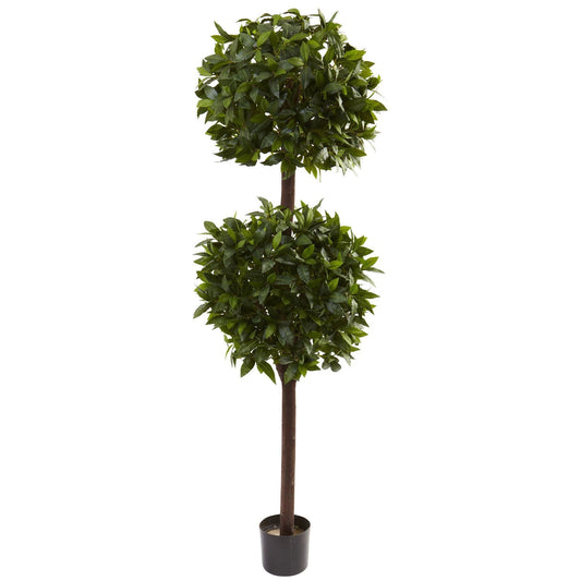 6 ft Sweet Bay Double Ball Topiary by Nearly Natural with leaves on trunk in black pot on Tampa Home & Garden Store
