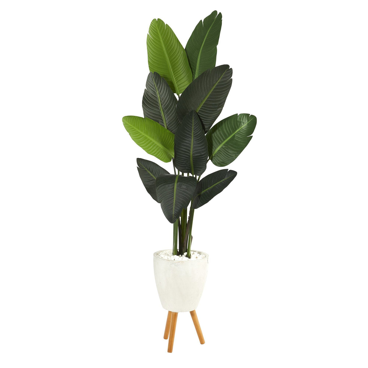 6’ Traveler's Palm artificial tree in white planter with wooden tripod stand, Nearly Natural on Tampa Home & Garden Store