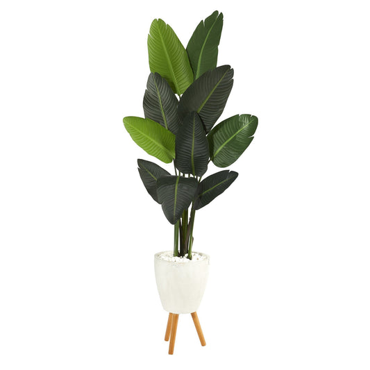 6’ Traveler's Palm artificial tree in white planter with wooden tripod stand, Nearly Natural on Tampa Home & Garden Store