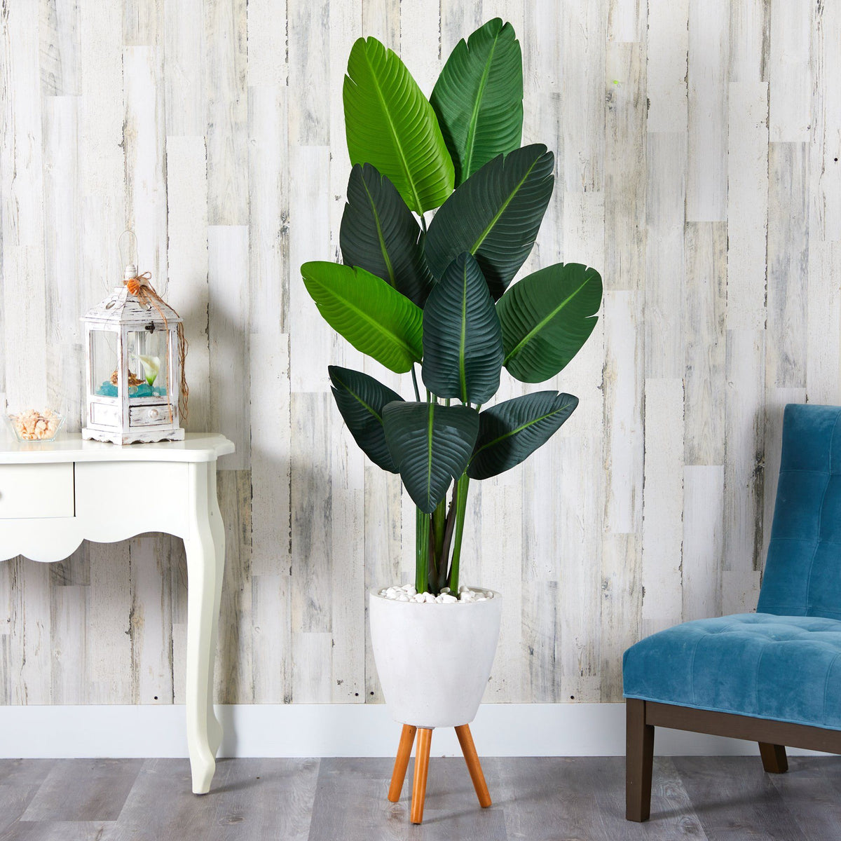 Traveler's Palm artificial tree in white planter with stand, Nearly Natural, 6 ft tall on Tampa Home & Garden Store