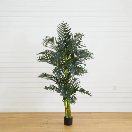 Nearly Natural 6 ft triple-stalk golden cane palm artificial tree in black pot indoor decor on Tampa Home & Garden Store