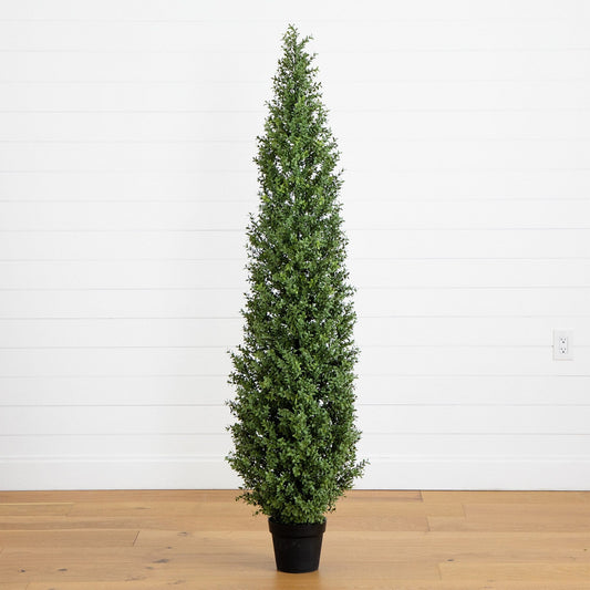 6’ UV resistant artificial boxwood topiary tree by Nearly Natural in black pot, indoor/outdoor use on Tampa Home & Garden Store