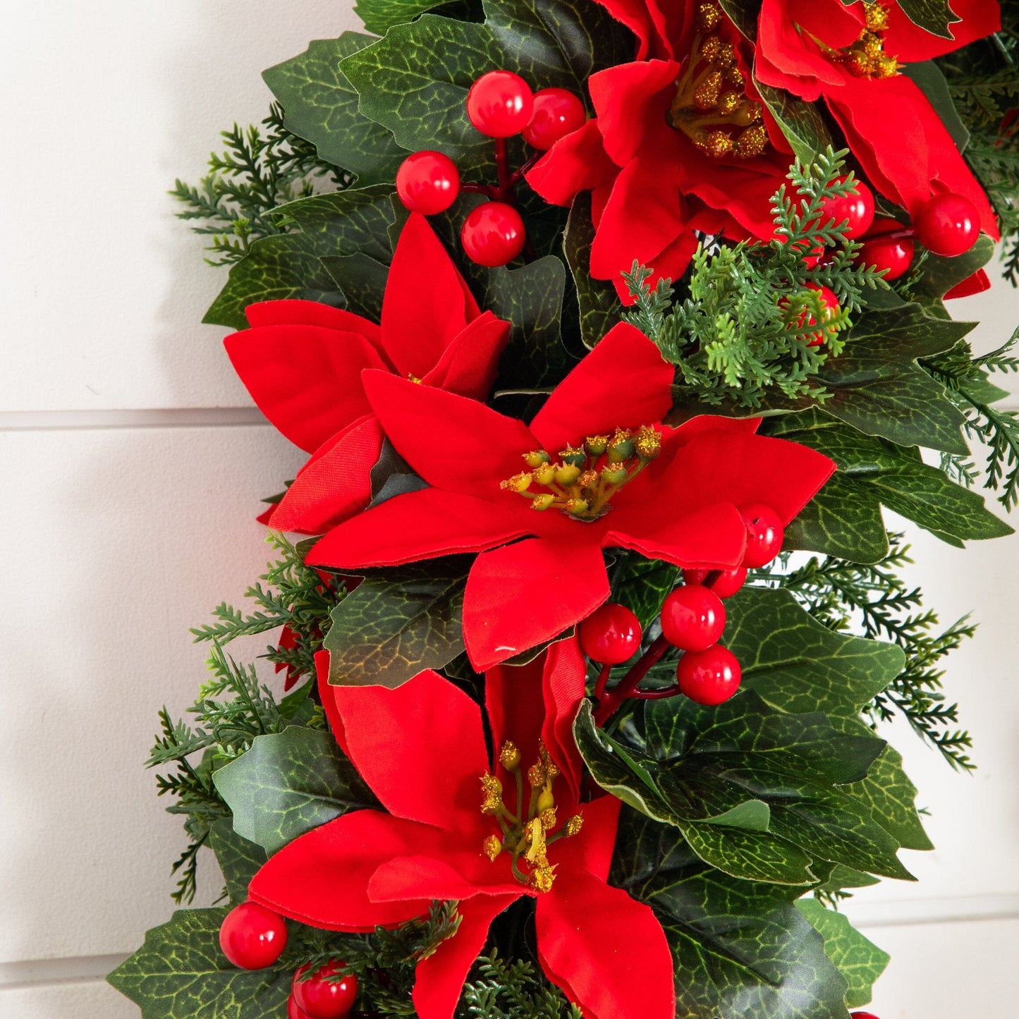 Garland Nearly Natural 6 ft UV resistant artificial poinsettia & berry Indoor/Outdoor with holly on Tampa Home & Garden Store