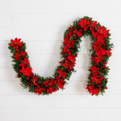 Garland 6’ UV Resistant Poinsettia & Berries by Nearly Natural, red blooms and green foliage on Tampa Home & Garden Store