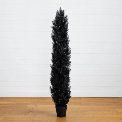 Nearly Natural 6 ft UV Resistant Halloween Black Cedar Tree in black pot indoor outdoor on Tampa Home & Garden Store