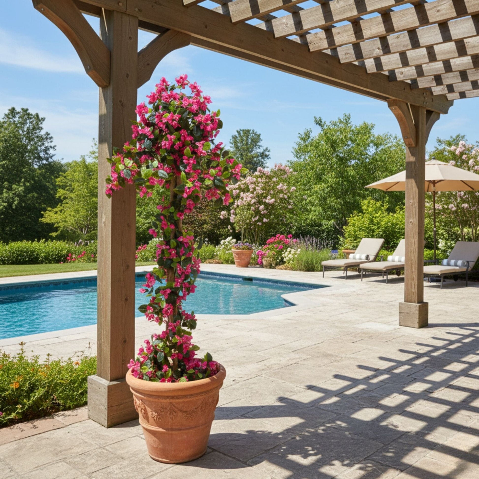 6' UV resistant artificial bougainvillea tree with pink blooms in a pot under a pergola on Tampa Home & Garden Store
